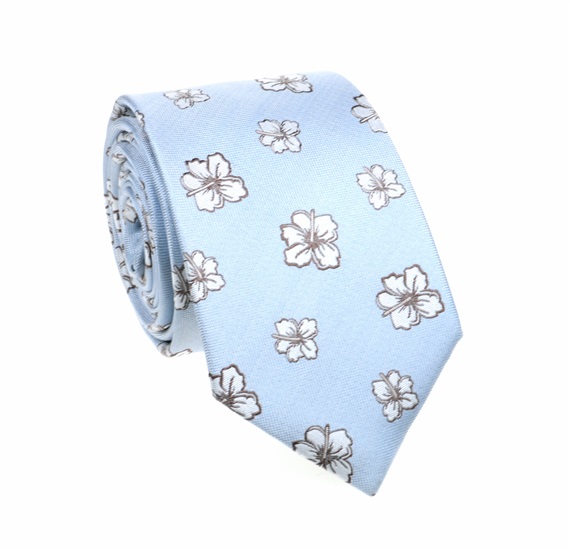 Cravate Bleu Ciel à Fleurs Beige en Soie Naturelle