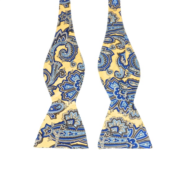 Cravate Noeud en Soie Jaune Cachemire Bleu Canard