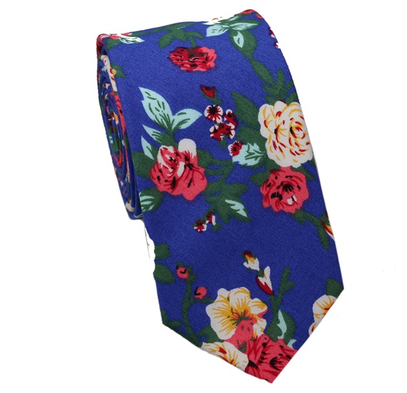 Cravate Étroite Bleu Royal avec Fleurs