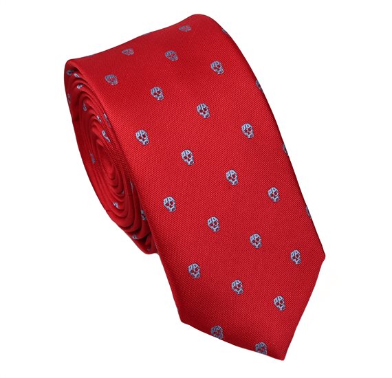 Cravate Étroite Rouge Crânes Bleus