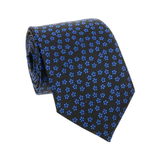 Cravate Noire Fleurs Bleu Canard