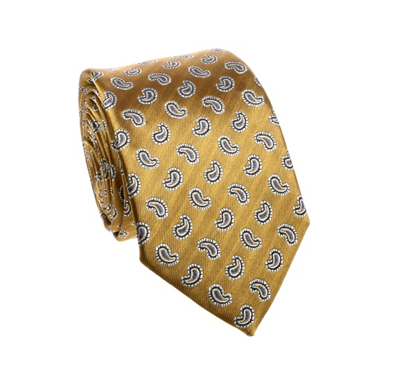 Cravate Ocre avec Motif Cachemire Bleu