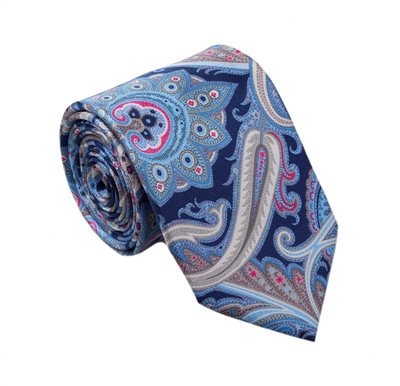 Cravate en Soie Bleu Ciel et Marine Paisley