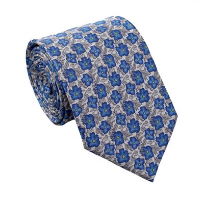 Cravate en Soie Grise et Bleue à Fleurs