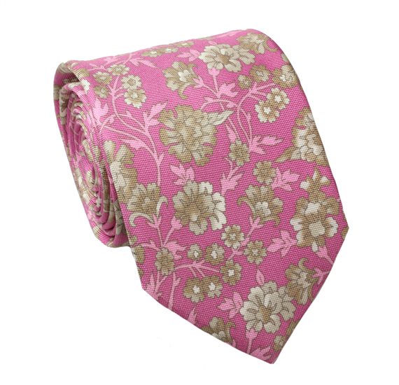 Cravate et Mouchoir Fleurs Rose en Soie