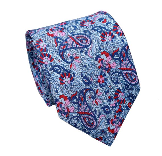 Cravate et Mouchoir en Soie Paisley Bleu et Rose