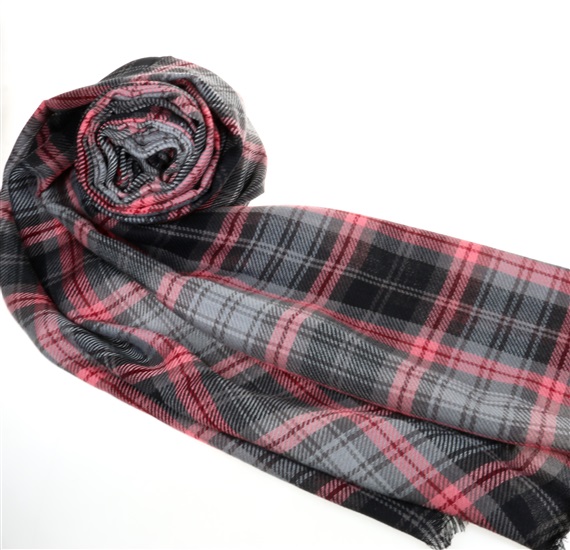 Écharpe à Carreaux Écossais Gris et Rose Corail