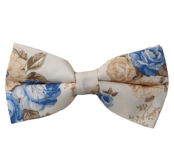 Noeud Papillon Beige Fleurs Chameau et Bleues
