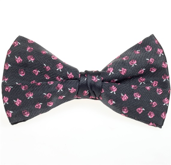 Noeud Papillon Gris Foncé avec Roses Fuchsia