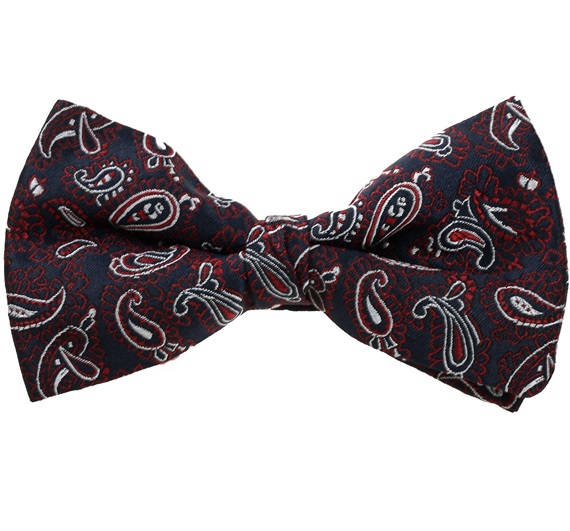 Noeud Papillon et Mouchoir Bleu Marine à Motif Cachemire Grenat