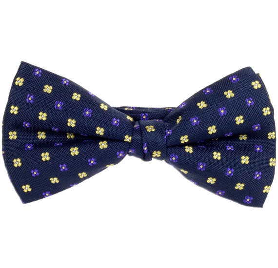 Noeud Papillon et Mouchoir Bleu Marine avec Fleurs Jaunes