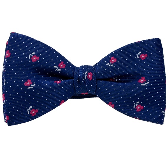 Noeud Papillon et Mouchoir Bleu Marine avec Roses Magenta
