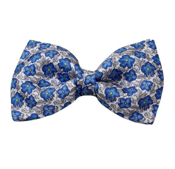 Noeud Papillon et Mouchoir en Soie Fleurs Bleu et Gris