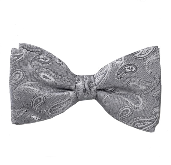 Noeud Papillon et Mouchoir en Soie Grise avec Motif Cachemire Gris