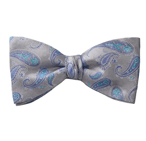 Noeud Papillon et Mouchoir en Soie Gris Paisley Bleu