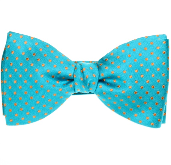Noeud Papillon et Mouchoir en Soie Turquoise à Pois Orange