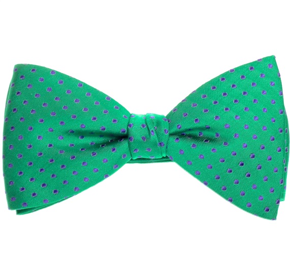 Noeud Papillon et Mouchoir en Soie Vert à Pois Violets