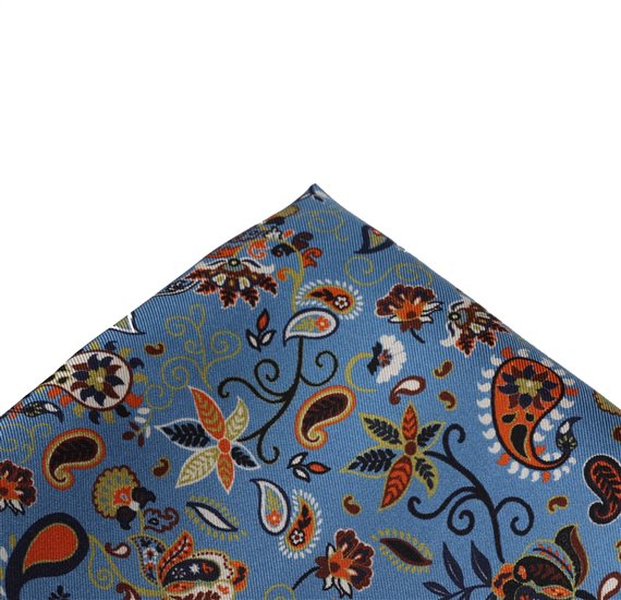 Mouchoir de Poche en Soie Bleu Ciel Fleurs et Paisley