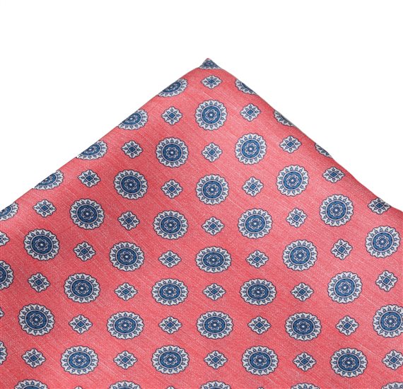 Mouchoir de Poche en Soie Orange Corail et Bleu
