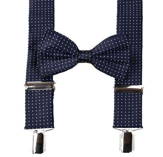 BRETELLE ET NOEUD PAPILLON BLEU MARINE À POIS BLANCS