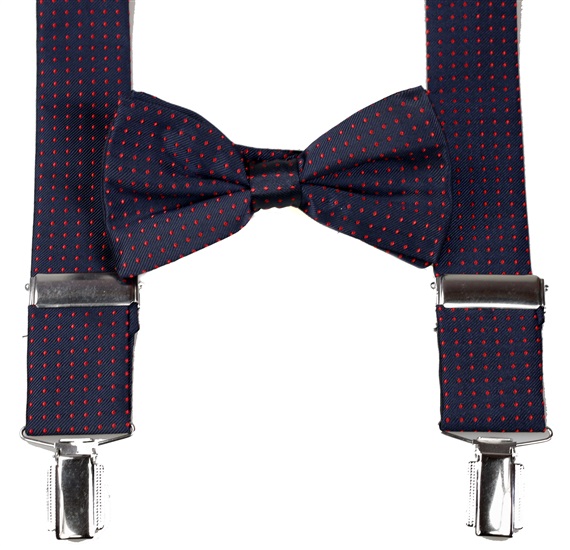 BRETELLE ET NOEUD PAPILLON BLEU MARINE À POIS ROUGES