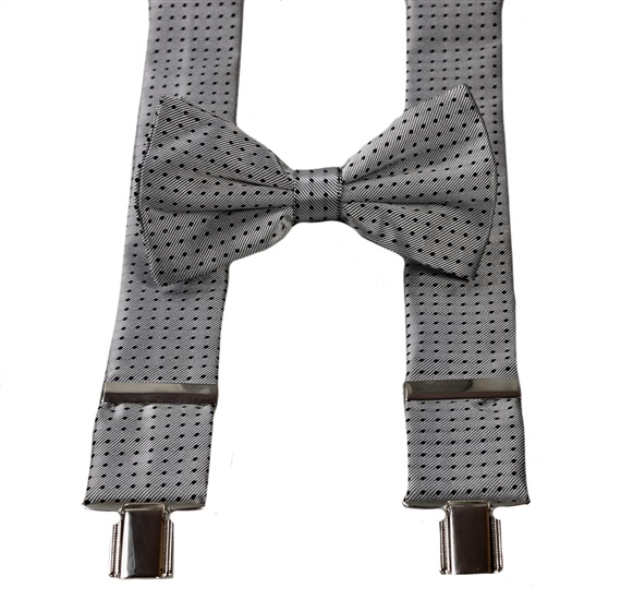 BRETELLE ET NOEUD PAPILLON GRIS À POIS NOIRS